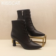 KISSCAT接吻猫2021秋冬高跟牛皮系带尖头葫芦女短靴子KA21513-12