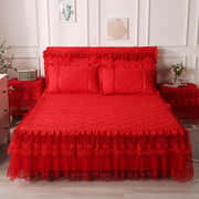 结婚庆床裙三件套纯色大红色加厚夹棉单件蕾丝床罩款式床套单
