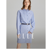 ELLE法式蓝白条纹系带连衣裙女2024春装设计感气质纯棉裙子