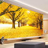 中式3d立体金黄树木，小道无缝壁画自然风景客厅，沙发电视背景墙纸