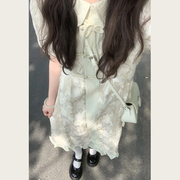 新中式连衣裙女夏季法式泡泡袖娃娃领盘扣木耳边拼接印花显瘦长裙