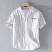 日系白色条纹刺绣短袖衬衫男夏季休闲薄款寸衫青年半袖纯棉衬衣潮