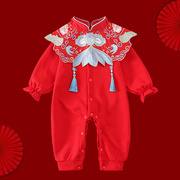 婴儿衣服秋装中国风红色，唐装宝宝连体衣，满月百天一周岁公主礼服