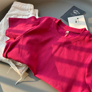 夏款圆领套头体恤休闲纯色，弹力体恤上衣，玫红色潮流短款短袖t恤女
