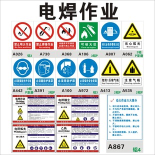 电焊作业标识牌弧光烟尘乙炔职业危害告知卡严禁止焊接明火动火当心小心铝合金板安全标志标示贴上海