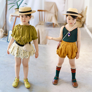 IFKIDS童装 儿童女童夏季棕黄色花苞短裤和黑白波点纱纱裙裤