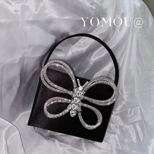 yomou法式蝴蝶结闪亮手工，镶钻钻石包丝绸缎面，亮片水钻手拿小方包