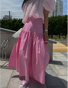 韩国糖果色半身裙女夏季2022年中长款百褶裙显瘦高腰A字裙子