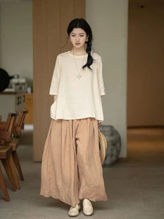 韩版棉麻套装女春夏季宽松显瘦五分，袖上衣薄款休闲裤子两件套