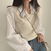 韩国chic秋季复古小众，法式衬衫拼接翻领灯笼袖假两件短款针织上衣