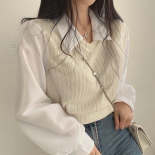 韩国chic春季复古小众法式衬衫拼接翻领，灯笼袖假两件短款针织上衣
