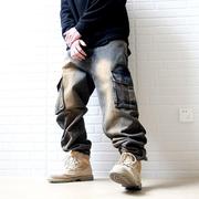 大口袋hiphop宽松肥腿重磅水洗休闲工装牛仔裤子 美式街头滑板裤