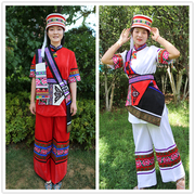 大撒尼族女裤装石林，彝族女装短袖套装，红白色滇七彩民族服饰
