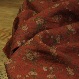 瓦娜原创设计复古21支纯亚麻印花面料高品质衬衫旗袍服装酱红布料