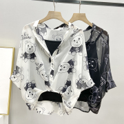 夏季休闲雪纺吊带衬衫两件套2023年小熊印花蝙蝠袖设计感小众