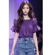 高级感气质轻奢女装紫色雪纺，短袖衬衫女2024夏季方(夏季方)领衬衣时尚上衣