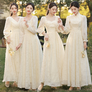 香槟色伴娘服长款2024春季结婚姐妹，裙伴娘团仙气质，长袖礼服裙