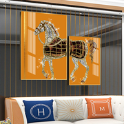 现代简约装饰画客厅沙发，背景墙骑士双联晶瓷挂画餐厅橙色轻奢壁画