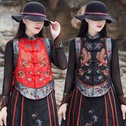 夏季中式民族风女装缎面，绣花马甲复古短款开衫，马夹女式小上衣