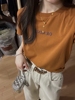橘色短袖t恤女夏季纯棉上衣，2024宽松大版简约款字母印花体恤