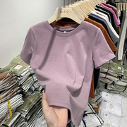 紫色棉质短袖2023圆领宽松百搭上衣精梳棉质感纯色t恤女夏