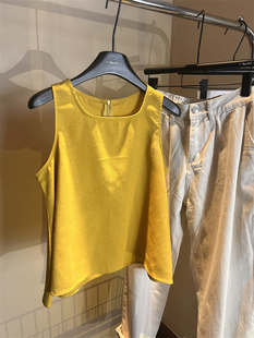 黄色圆领无袖背心衬衫女夏季纯色棉麻宽松显瘦设计感减龄上衣