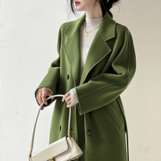 my秋冬绿色双面羊绒，羊毛呢大衣宽松系带，气质温柔毛呢子外套