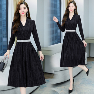2023秋季女装35岁韩版长袖，修身显瘦长款，红色宝蓝色黑色连衣裙