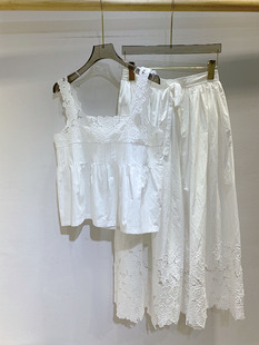南油高端欧货系带设计钩花蕾丝裙摆白色半裙蕾丝拼接吊带上衣