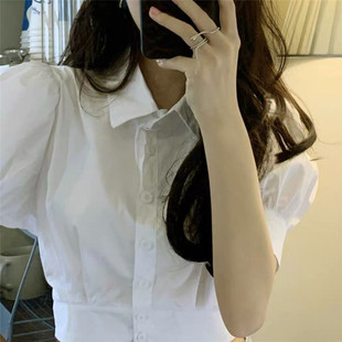 设计感小众白色衬衫女短袖，夏季港味复古法式高腰，短款别致上衣