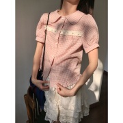 岛屿日记 粉格娃娃领少女短款短袖衬衫拼接珍珠蕾丝上衣