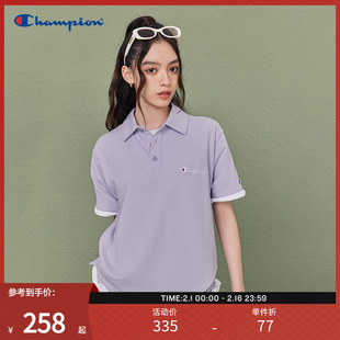 Champion冠军短袖23夏季女士紫色运动Polo衫情侣款多巴胺T恤