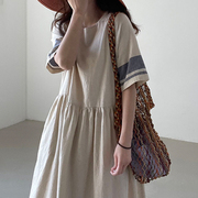 韩国chic夏季复古圆领，拼接撞色设计宽松五分袖大摆型连衣裙长裙女