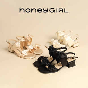 honeygirl粗跟凉鞋，女2023夏季时尚休闲法式一字带露趾高跟鞋