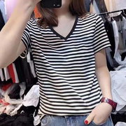 韩国2024夏季黑白条纹v领短袖，t恤女韩版修身百搭纯棉体恤上衣