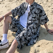 海南岛服三亚旅游沙滩服套装免烫夏威夷风情纯棉男士休闲衬衫
