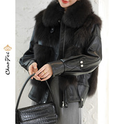 2021狐狸毛皮毛(毛皮毛，)一体加厚保暖外套，拼接真皮皮衣女时尚黑色短款