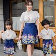 中国风炸街亲子装夏装一家三口短袖2024高端母女，马面裙套装潮