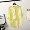淡淡的柠檬黄薄款棉麻衬衫，女五分袖宽松袖子，可挽起韩版防晒衣