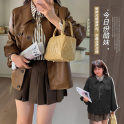 2023秋季大码女装胖MM美拉德复古外套女港风pu皮短款机车服