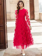 红色高端聚会礼服裙欧美时尚，女装复古长袖，透视木耳边高腰连衣裙