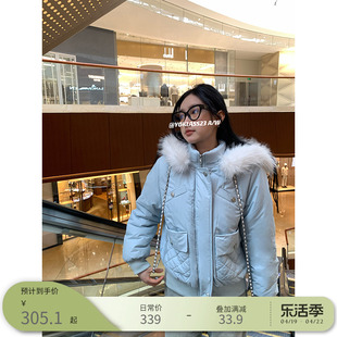 王少女(王少女)的店蓝色，防风连帽毛领棉服，2024冬季韩系宽松显瘦夹棉厚外套