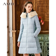Amii2024冬季复古女装毛领羽绒服蕾丝修身中长款外套