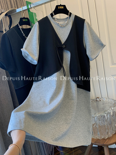 DHR 新中式盘扣马甲背心短袖T恤连衣裙子假两件春夏今年流行