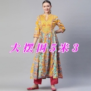 印度进口纯棉刺绣印花连衣裙印巴风情民族风拼接裙摆黄色七分袖