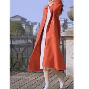 高端品牌97612024秋季橘色，长款外套女时尚长袖，风衣外衣显瘦
