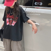 韩国童装女童短袖t恤儿童上衣，2023夏装中大童体恤宽松黑色潮t