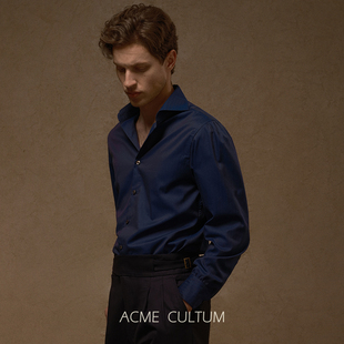 AC100%长绒棉意式三步手工一字领高端衬衫男长袖商务休闲蓝色衬衣