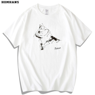 毕加索手绘猫抽象简约线条印花短袖，水墨风动物个性男女夏装t恤棉