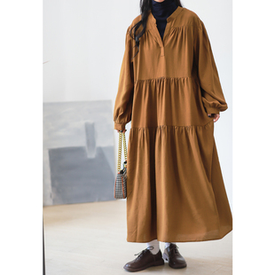 菲尔丹仙仙的飘逸长裙，简约文艺气质拼接长袖，宽松大版连衣裙2009